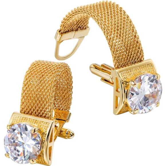 Mens Cufflinks with Chain - Stone and Shiny Gold Tone Shirt Accessories - Picture 1 of 6
